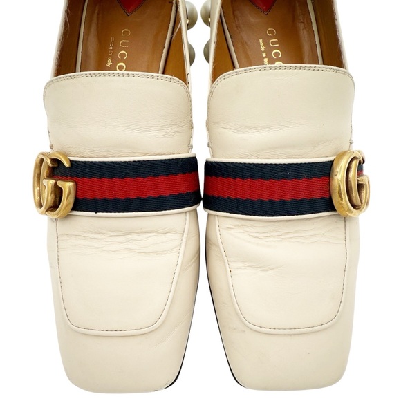 Gucci Peyton Pearl Loafer in White EU 37 US 7 GG Logo Web Stripe Block Low Heel - Picture 4 of 13